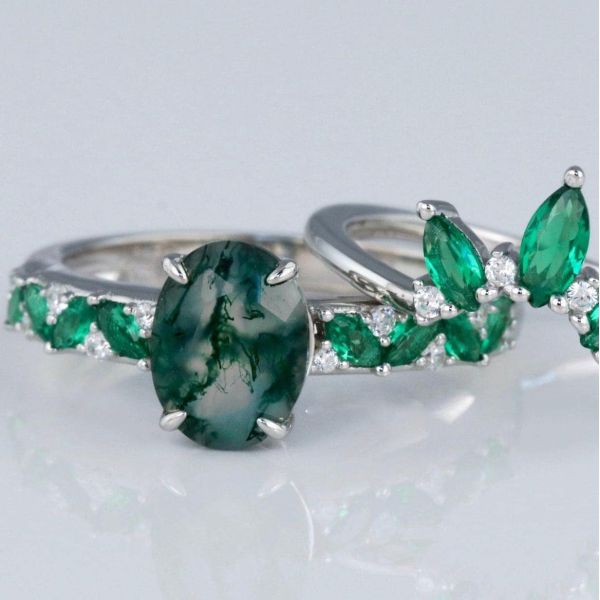 Moss Agate Emerald Ring Set , Anniversary Jewelry Gift Promise Wedding Ring