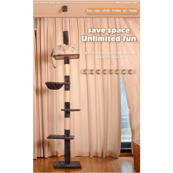 Sustainable Cat Tree Four Tier Floor-to-Ceiling Cat Climbing Tower with Cozy Hammock