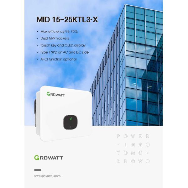 Growatt MID15-25KTL3-X 22KW Three-Phase On Grid Inverter With WiFi And OLED Display 35.5A Output Current