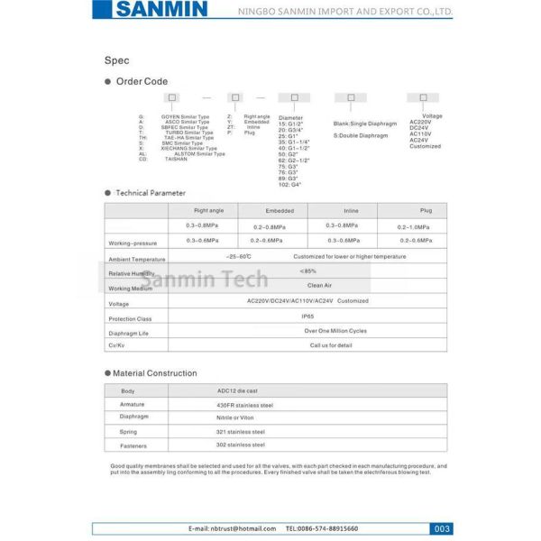 Sanmin QG - Y - двойная диафрагма 89S 102SA, погруженная в воду электромагнитный импульсный клапан, пылезащитный клапан