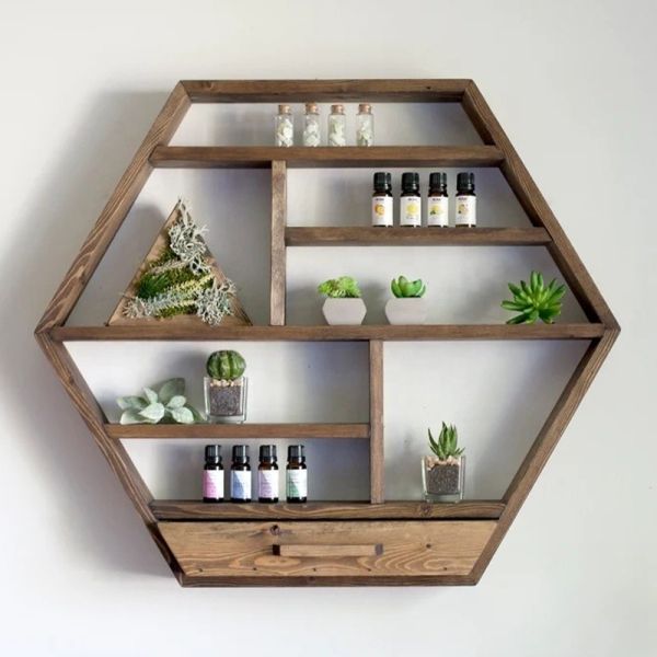 Home Decoration Solid Wood Hexagon Wall Mounted Floating Shelf Wooden Storage Shelves