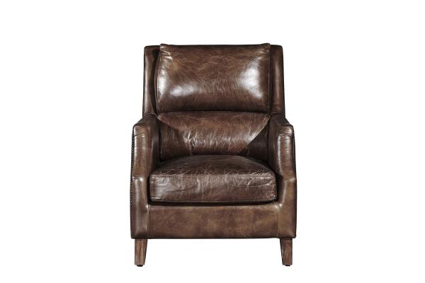 Industrial Retro Vintage Cigar High Back Leather  Armchair With Solid Wood Legs