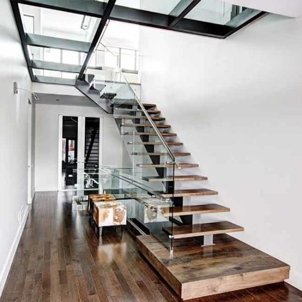American Standard Stair Single Mono Steel Beam Steel Glass Railing Wood Step Stair