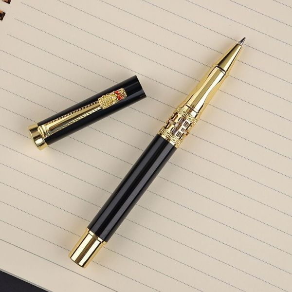 El estilo chino de papel de escritorio de negocios de metal conjunto hueco fuera de la cabeza del dragón bolígrafo de rodillo