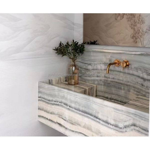 Hotel Bathroom Wall Panel and Vanity Basin with Sink Made of Natural Stone Onyx Marble