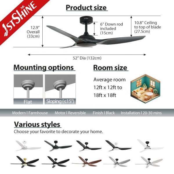 Design simples 6 velocidade controle remoto Ventilador de teto preto sem luz 1stshine OEM