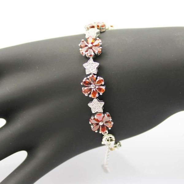 Sterling Silver Link Flower Garnet Cubic Zircon Tennis Bracelet(B01RED)