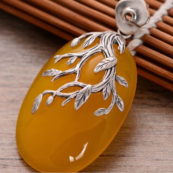 Women Fashion Three Leaves 925 Sterling Silver Synthetic Yellow Chalcedony Pendant Necklace(N808064)