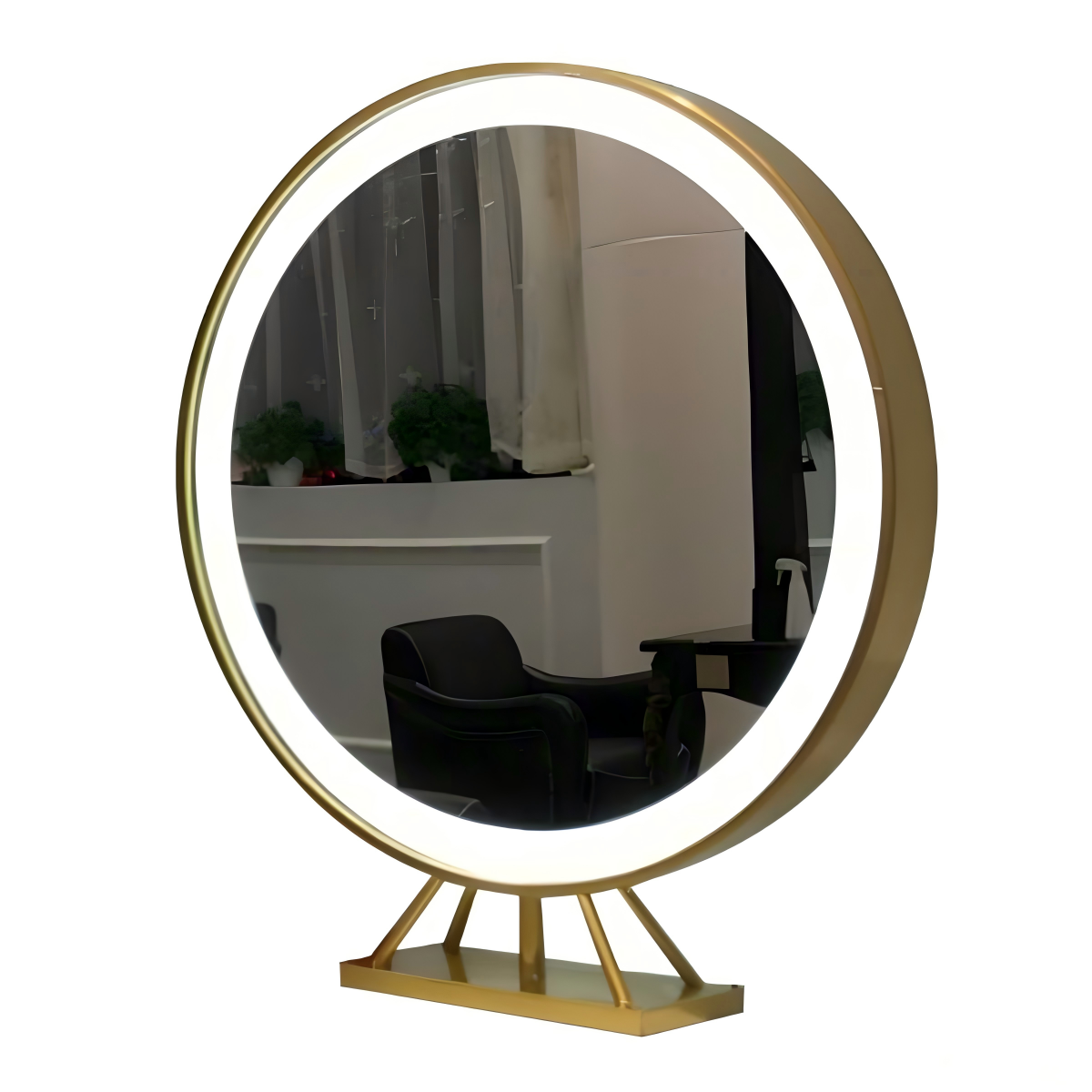 Kingstin Double-Sided LED Salon Station Mirror, Professional Round Lighted Barber Mirror with Gold Metal Frame