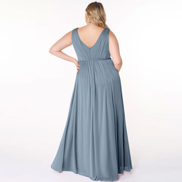 Elegant A-Line Front Split Slit Sky Blue Chiffon V-Neck Sleeveless Pleated  Backless Plus Size YKK Zipper