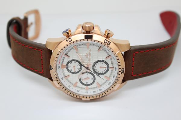 Six Hands steel Case Leather Wrist Watch rose gold Plated for Men