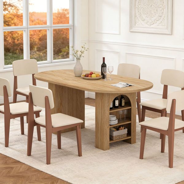 Factory Wholesale Extendable Dining Table Set 6 Seater Home Dining Room Oval Wooden Folding Dining Table with Storage Shelves