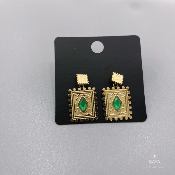 Trendy Green Gem Pendant Earrings Long Pendant Studs 18K Gold Stainless Steel Earrings
