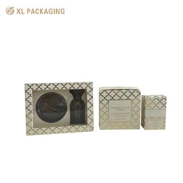 Full Shine Gold Foil Cosmetic Carton with Large Clear Window and Matte Lamination Finish for Perfume Packaging