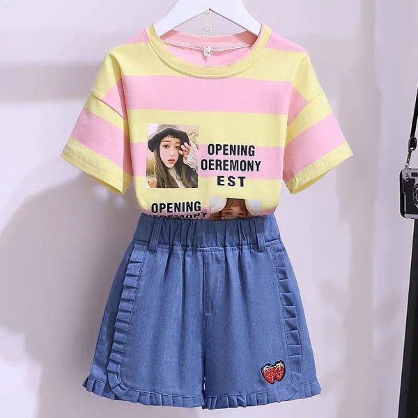 Striped Strawberry Denim Fabrics Primary Children'S Clothing Girl'S 2pcs Set
