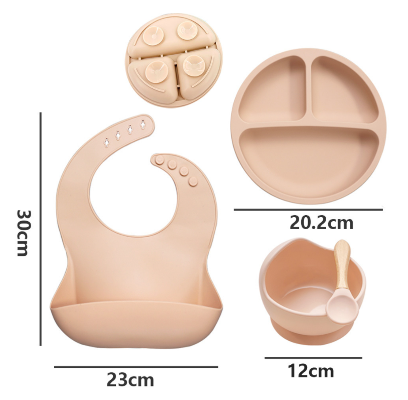 5pcs Eco-friendly Baby Feeding Set Silicone Suction Bowls Plates Spoon Fork Bib for Toddlers
