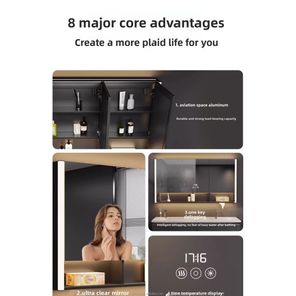Modern Water-Resistant LED Mirror Wall Mounted Bathroom Vanity Medicine Cabinet for Hotel Apartment Villa Makeup Application