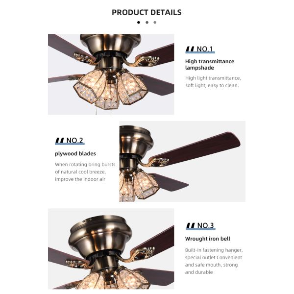 Minimalist Style Antique Brass Crystal Led Ceiling Fan 100lm/w 48inch 4 Blades