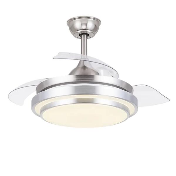 Modern 36 42 Inch Silver Retractable Ceiling Fan with LED Light 3 Blades Remote Control Switch Hidden Blades