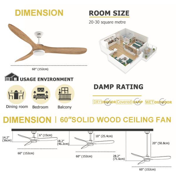 1stshine Ventilador de teto de lâminas de madeira com luz e temperatura de cor de 3000k/4000k/6000k