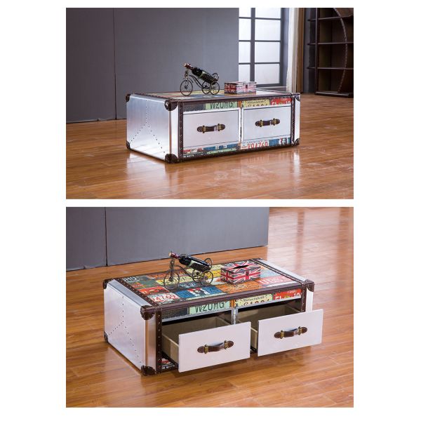 Nidea #8657 Industrial Style Aluminum License Plate Vintage Handmade Durable Coffee Table Cabinet 2 Drawers for Whisky 
