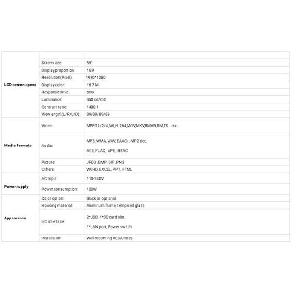 Thcikness 8mm LCD Digital Signage 55 Inch Ceiling Mount Installation