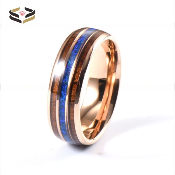 8mm Tungsten Carbide Men Wedding Ring With Hawaiian Koa Wood And Blue Opal Inlay