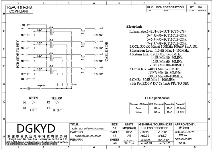 Сетевой разъем DGKYD22Q042AB2A5D068 RJ45 Gigabit со световым экраном 10PIN