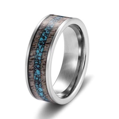 Mens Flat Silver Tungsten Wedding Bands 8mm Inlaid With Turquoise And Nature Antler