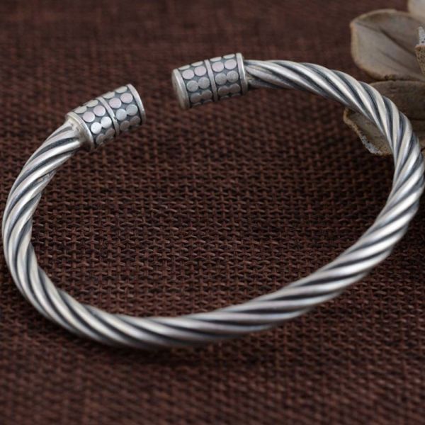 Sterling Silver Chunky Wire Cable Cuff Bracelet Women Retro Bangle (SZ0002)