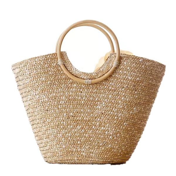 Natural Straw Crochet Hand Bag Brown , Crochet Bag With Wooden Handles OEM