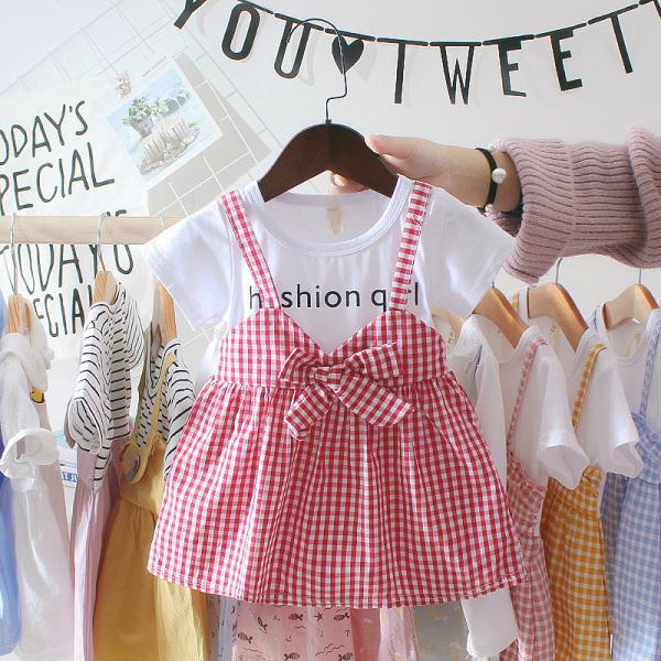 Black White Plaid Children'S Dress Clothing Round Neck Short Sleeve Dress With Bowknot