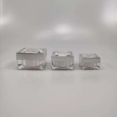 Creme de cuidados com a pele Garrafa de plástico 15g 30g 50g Quadrado Creme de olhos acrílico Jar com tampa de prata de diamante