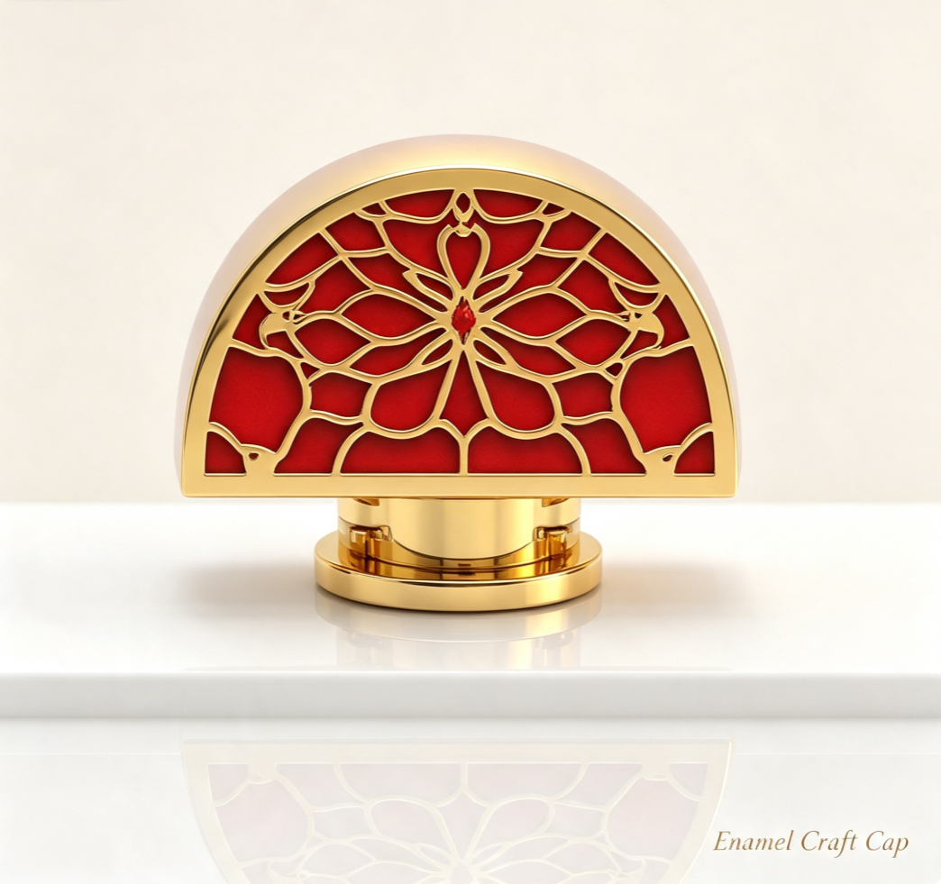 Semicircle Hollow Floral Zamac Perfume Cap with Red Enamel Gold Plated Finish and Custom Logo Engraving