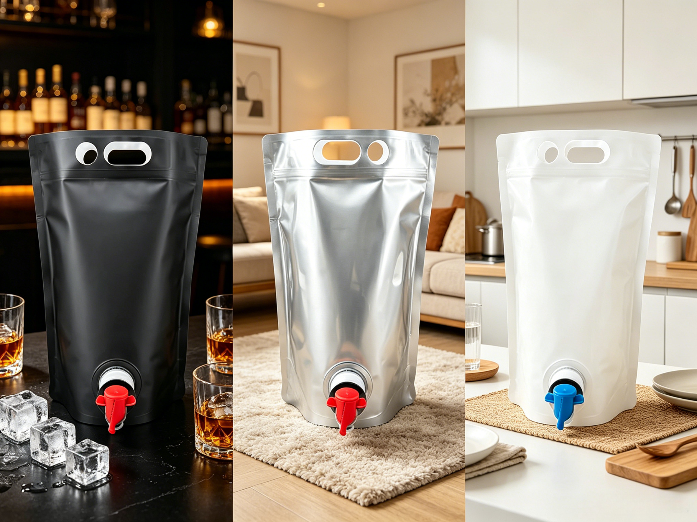 Blank Silver Aluminum Foil Stand Up Tap Spout Pouch With Double Carry Holes | Leak-Proof Re-Sealable Dispenser Bag For Wine, Juice & Cold Brew Coffee