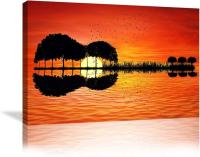 Modern Abstract Guitar Tree Lake Sunset Art Canvas Painting With Wooden Frame