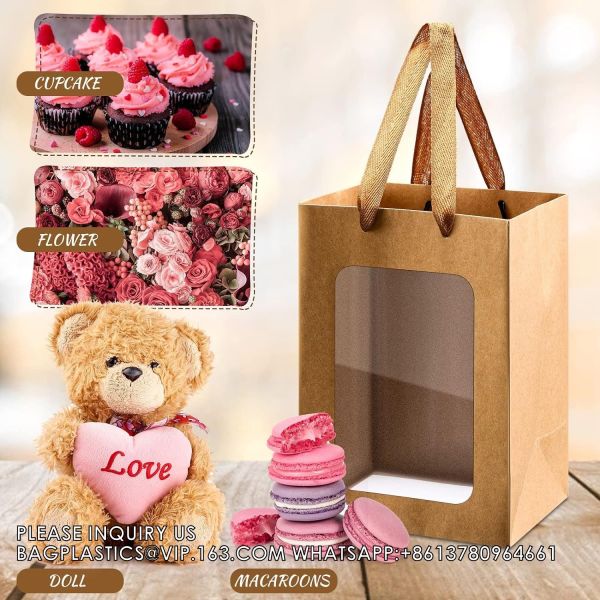 Kraft Paper Bags With Handles Transparent Flower Bouquet Bags For Present Bridal Shower Festivals Party