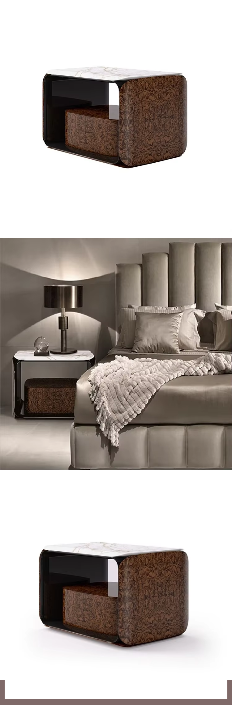 Modern Natural Marble Top Square Bed Side Table Solid Wood Cabinet Luxury Marble Side Cabinet Nightstand