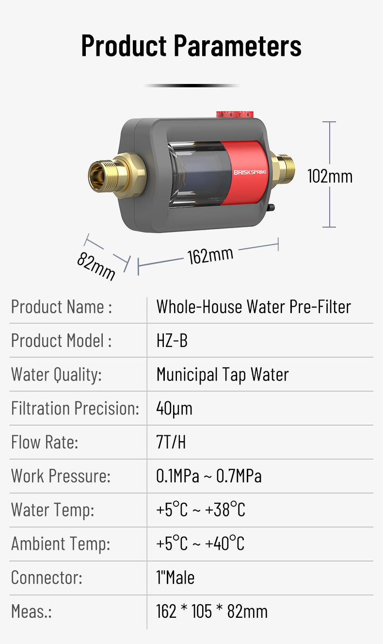 BriskSpring HZ-B-BS 40 Micron Whole House Sediment Pre Filter with SUS316L Stainless Steel Mesh and 7 T/H High Flow Capacity