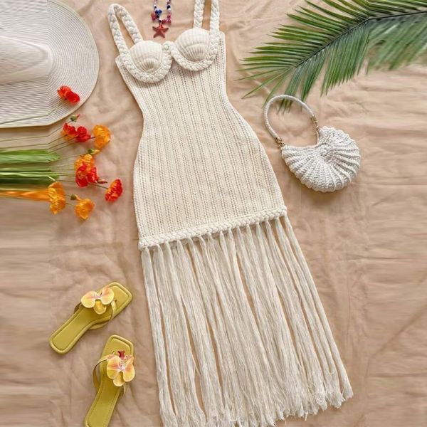 Bohemian Summer Dress with Handmade Braided Rope Trim in Flattering Tropical Orange Tone and Premium Light Sweater Knit