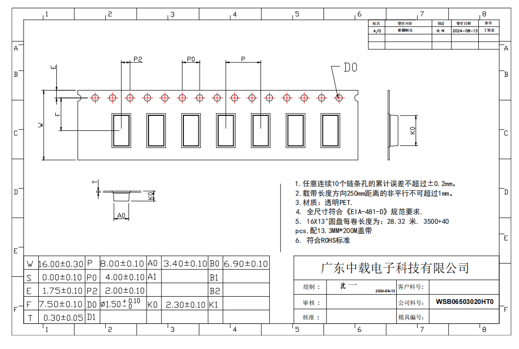 WSB06503020HTO Semiconductor Carrier Tape 16mm Width With Clear Pocket Visibility