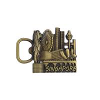 Abridor de botellas con letrero de Singapur en oro antiguo, metal vintage fundido a presión, redondo de 2.5 pulgadas