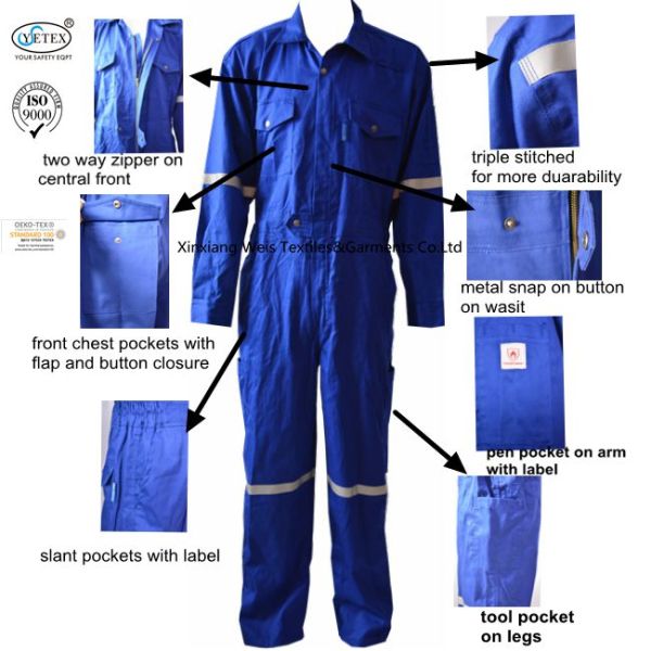 Blue 100% Cotton Twill Flame Resistant Reflective Durable Coverall 320gsm For Oil Petrochemical Industry
