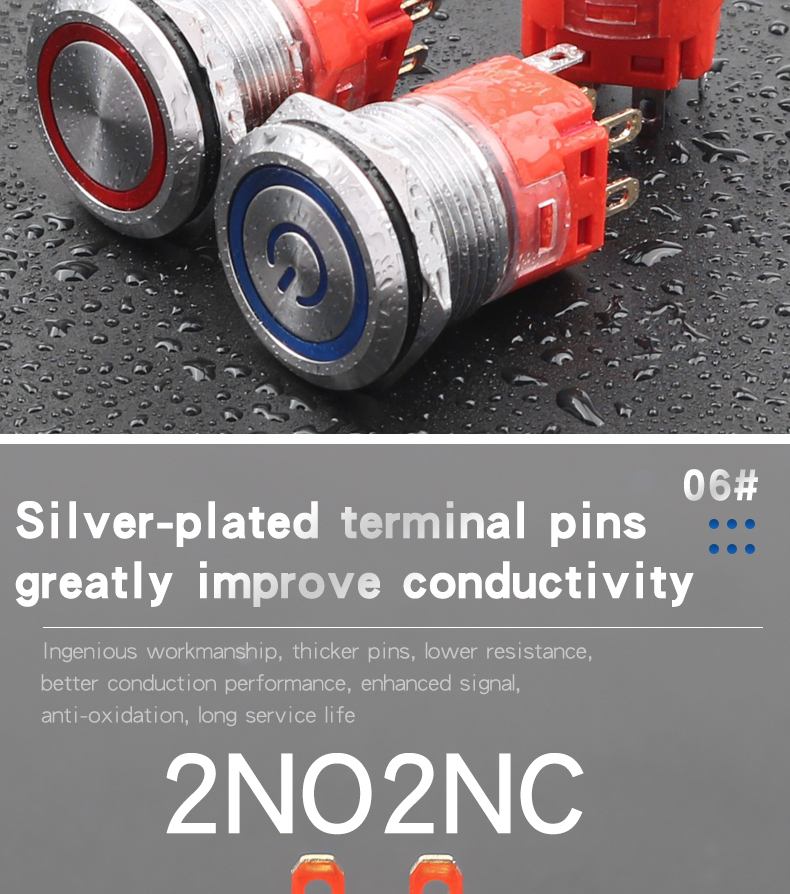 19MM Metal Push Button Switch With LED 2NO2NC Momentary Latching IP67 Stainless Steel 8 Pins Flat Head