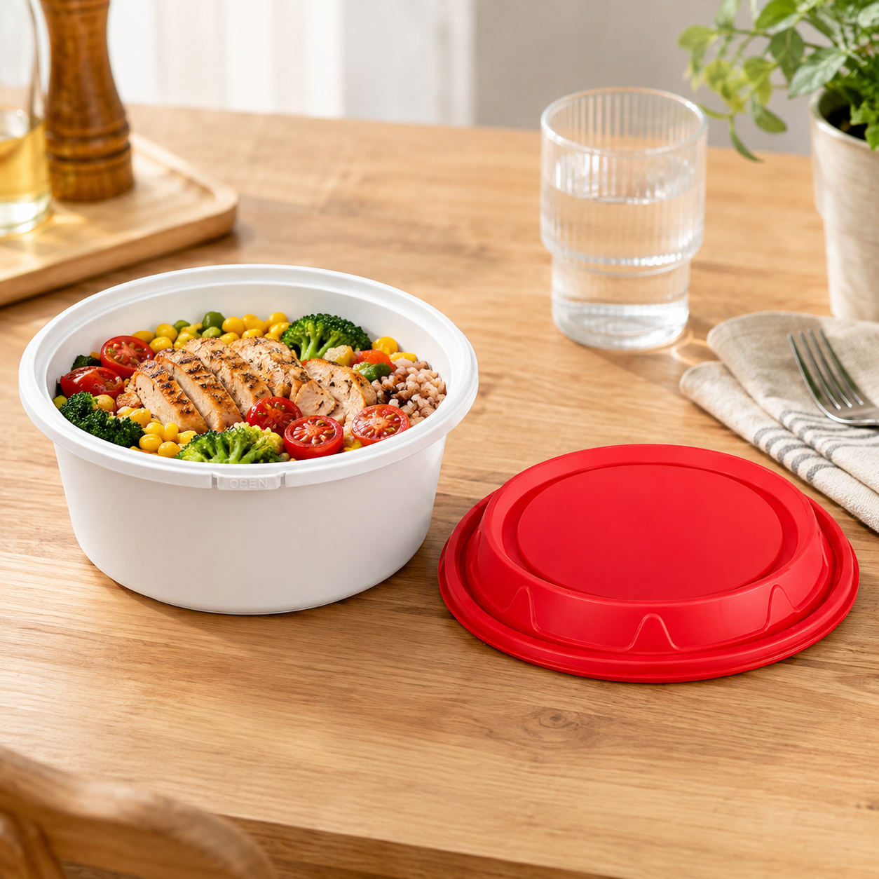 Snap Lock PP Takeaway Soup Bowl 800ml Wide Base with Red Tamper Evident Lid