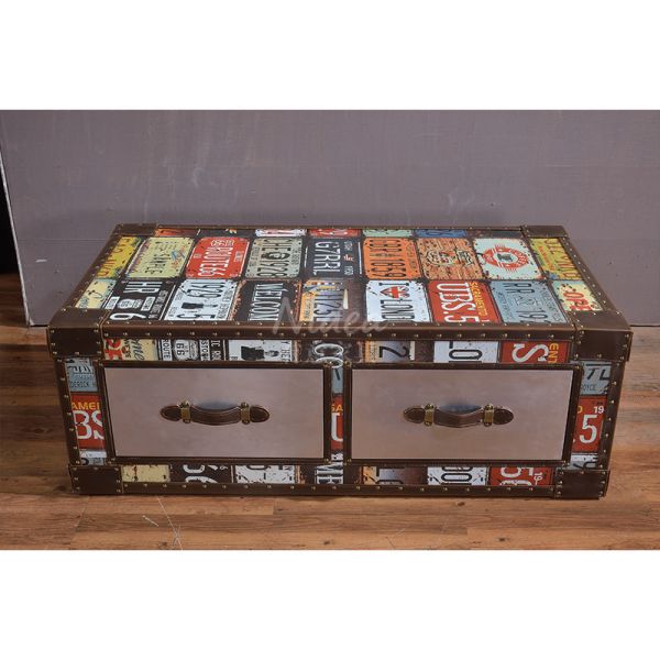 Nidea #8653 Handcrafted Durable Multi-purpose Vintage Wood Living Room Cabinet Retro License Plate Design Featuring Two Drawers