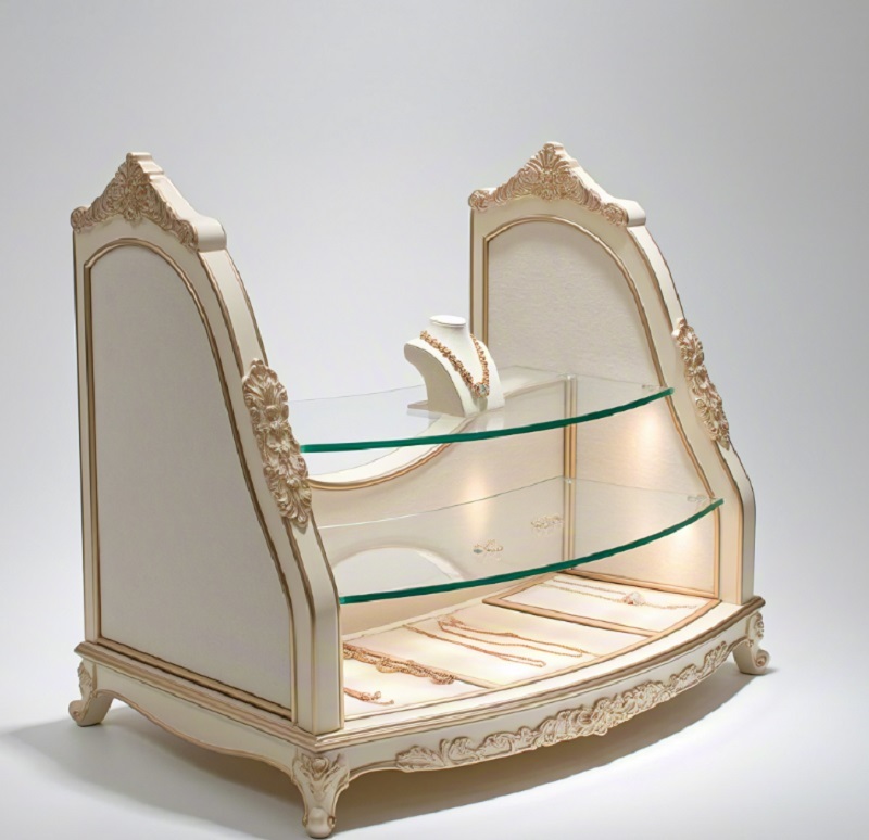 Luxury Jewelry Display Props with Hand-Carved Floral Scroll Details High-Transparency Tempered Glass Shelves and Integrated LED Illumination System