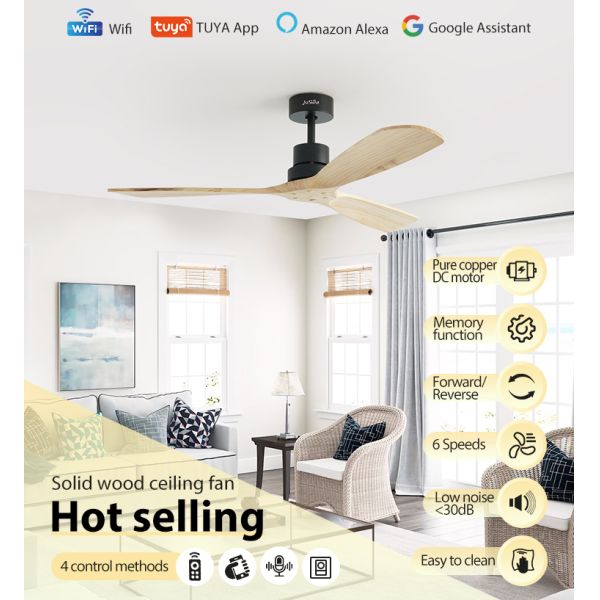 Ventilador de teto de motor de corrente contínua de economia de energia com lâminas de madeira natural e controle remoto inteligente