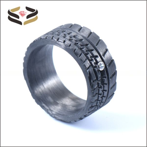 Round Black Carbon Fiber Band 10mm With Cubic Zirconia Inlay And Truck Tire Pattern