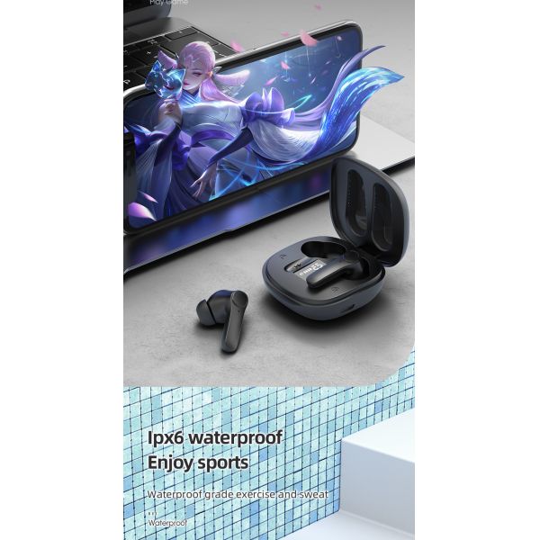 V5.2 Bluetooth Version Stereo Waterproof Gaming Sport Earphone with Digital Display In-Ear BT Headphones and Wireless Earbuds